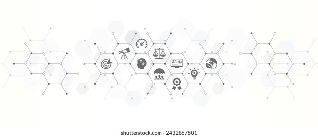 Cora values banner with the website icons and symbol of management vision integrity corporate business ethics company mission statement and industry standard vector illustration