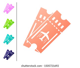 Coral Airline ticket icon isolated on white background. Plane ticket. Set color icons. Vector Illustration
