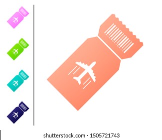 Coral Airline ticket icon isolated on white background. Plane ticket. Set color icons. Vector Illustration
