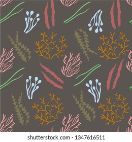 Coral algae seamless pattern on black. Design element stock vector illustration for web, for print