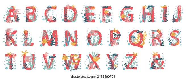 Coral alphabet with underwater life. Various fish, corals, algae, jellyfish, seahorses and starfish. Set of monograms in underwater marine style. Vector initials for design