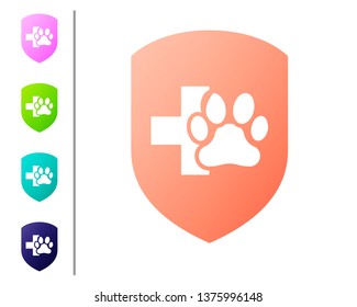 Coral Animal health insurance icon isolated on white background. Pet protection icon. Dog or cat paw print. Set color icons. Vector Illustration