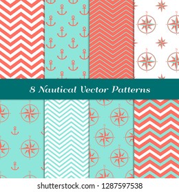 Coral, Aqua and White Nautical Patterns with Chevron, Anchors and Compasses. 2019 Color of the Year. Pastel Colored Marine Theme Backgrounds. Vector Repeating Pattern Tile Swatches Included.