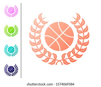 Coral Award with basketball ball icon isolated on white background. Laurel wreath. Winner trophy. Championship or competition trophy. Set color icons. Vector Illustration