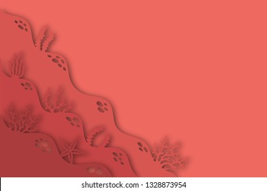 Coral background with corals on sea bottom in paper cut style.