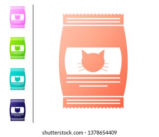 Coral Bag of food for cat icon isolated on white background. Food for animals. Pet food package. Set color icons. Vector Illustration