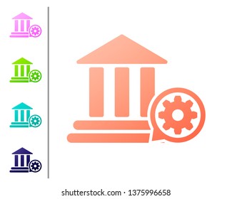 Coral Bank building and gear icon isolated on white background. Adjusting app, service concept, setting options, maintenance, repair, fixing. Set color icons. Vector Illustration