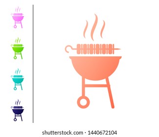 Coral Barbecue grilled shish kebab on skewer stick icon isolated on white background. BBQ meat kebab on skewer stick. Picnic with grill meat. Set color icons. Vector Illustration