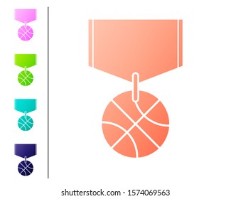 Coral Basketball medal with ribbon icon isolated on white background. Set color icons. Vector Illustration