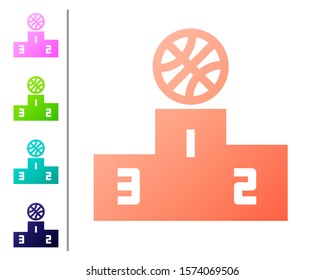 Coral Basketball over sports winner podium icon isolated on white background. Set color icons. Vector Illustration