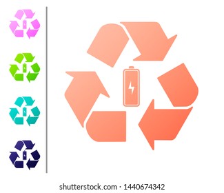 Coral Battery with recycle symbol line icon isolated on white background. Battery with recycling symbol - renewable energy concept. Set color icons. Vector Illustration