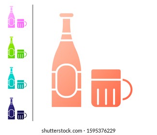 Coral Beer bottle and glass icon isolated on white background. Alcohol Drink symbol. Set color icons. Vector Illustration