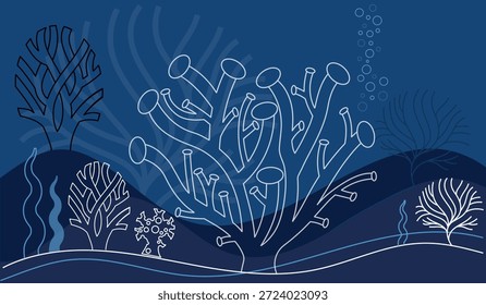 Korallenbleiche in einer dunklen Unterwasserumgebung, betont gebleichte und beschädigte Korallen in einer Meereslandschaft. Die stimmungsvolle Vektorszene spiegelt die Schwere der Klimakrise, den Verlust von Riffen und die schwindenden Ökosysteme der Ozeane wider. Geeignet für Klimaschutzbewusstsein, umweltbewusstes Geschichtenerzählen, Meeresschutzprojekte, Lehrmaterialien und Nachhaltigkeitskommunikation.