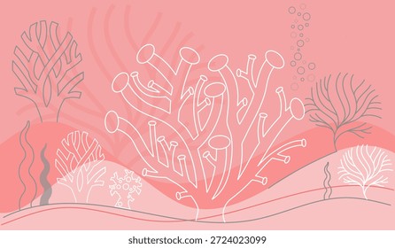 Coral bleaching illustration set in a dark underwater environment, emphasizing bleached and damaged corals within a marine landscape. The moody vector scene reflects the seriousness of the climate crisis, reef loss and declining ocean ecosystems. Suitable for climate change awareness, environmental storytelling, marine conservation projects, educational materials and sustainability communication.