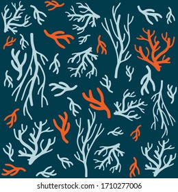 Coral blue abstract pattern. Seamless vector isolated pattern on navy background. Stylish modern colorful texture background for textile, tile, wallpaper, wrapping paper, t-shirt, bag, banner
