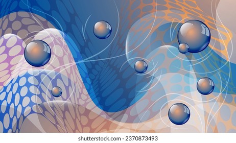 Coral blue futuristic wallpaper with bubbles. Shiny bubbles of different sizes, a smoothly curved textured surface, reflections and glows against a background of mixing colors. Vector.