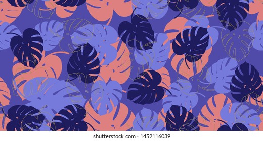 Coral blue tropical seamless vector pattern background.