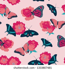 Coral, blue,Pink and white seamless vector background with elements of butterflies and flowers. Perfect for fabric, invitations, gift wrapping paper, wall paper, scrapbooking, home decor and projects.