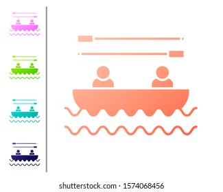 Coral Boat with oars and people icon isolated on white background. Water sports, extreme sports, holiday, vacation, team building. Set color icons. Vector Illustration