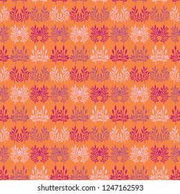 Coral Boho Leaf Damask Seamless Vector Pattern. Hand Drawn Paper Cut Leaves. Boho Scandi Style Illustration for Trendy Textile Fashion Prints, Hipster Nature Packaging. All Over Pastel Orange Purple