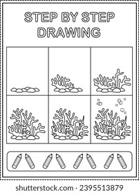 Coral. Book page, drawing step by step. Black and white vector coloring page.
