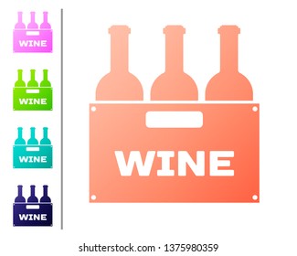 Coral Bottles of wine in a wooden box icon isolated on white background. Wine bottles in a wooden crate icon. Set icon in color buttons. Vector Illustration
