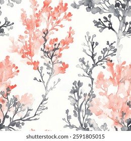 Coral branch pattern, light pink and gray on a white background,  watercolor flower seamless pattern. Watercolor print in rustic vintage style, textile or wallpapers.