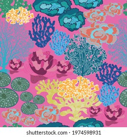 Coral in bright colors elements and hot pink background. Designed in seamless repeat pattern. Ready to be printed on fabric, wall paper or bedding products. Ideal for swimming suits, or summer dresses