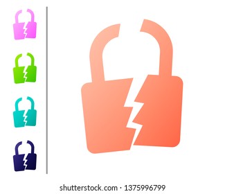 Coral Broken or cracked lock icon isolated on white background. Unlock sign. Set color icons. Vector Illustration