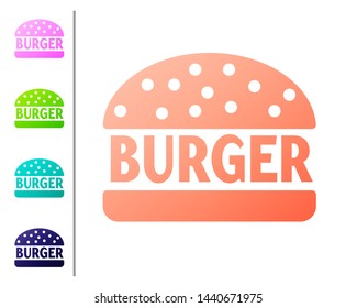 Coral Burger icon isolated on white background. Hamburger icon. Cheeseburger sandwich sign. Set color icons. Vector Illustration