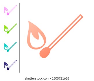 Coral Burning match with fire icon isolated on white background. Match with fire. Matches sign. Set color icons. Vector Illustration