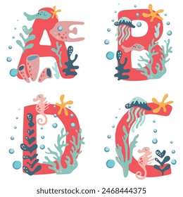 Coral capital letters A, B, C, D, decorated with algae, corals and inhabitants of the underwater world. Vector image of alphabet and deep sea elements.