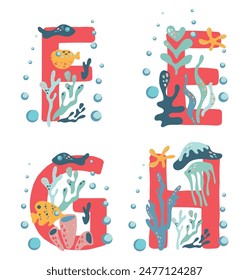 Coral capital letters F, E, G, H, decorated with algae, corals and inhabitants of the underwater world. Vector image of alphabet and deep sea elements.