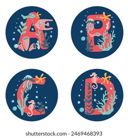 Coral capital letters on a blue background, decorated with algae, corals and underwater inhabitants. Vector image of alphabet and deep sea elements.