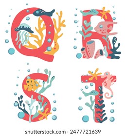 Coral capital letters Q, R, S, T, decorated with algae, corals and inhabitants of the underwater world. Vector image of alphabet and deep sea elements.