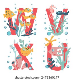 Coral capital letters W, V, X, U, decorated with algae, corals and inhabitants of the underwater world. Vector image of alphabet and deep sea elements.