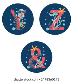 Coral capital letters Y, Z, on a blue background, decorated with algae, corals and underwater inhabitants. Vector image of alphabet and deep sea elements.