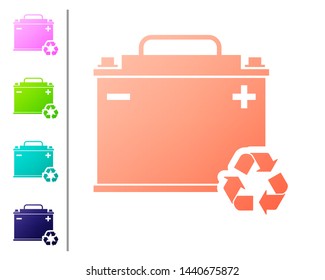 Coral Car battery with recycle icon isolated on white background. Accumulator battery energy power and electricity accumulator battery. Set color icons. Vector Illustration