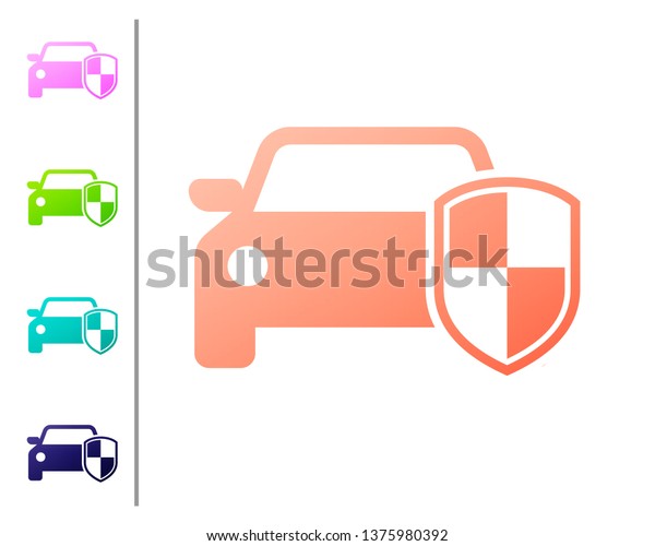 Coral Car protection or insurance icon\
isolated on white background. Protect car guard shield. Safety\
badge vehicle icon. Security auto label. Set icon in color buttons.\
Vector Illustration