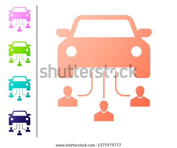 Coral Car sharing with group\
of people icon isolated on white background. Carsharing sign.\
Transport renting service concept. Set color icons. Vector\
Illustration