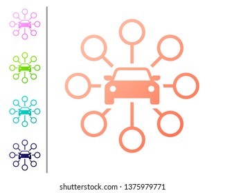 Coral Car sharing icon isolated on white background. Carsharing sign. Transport renting service concept. Set color icons. Vector Illustration