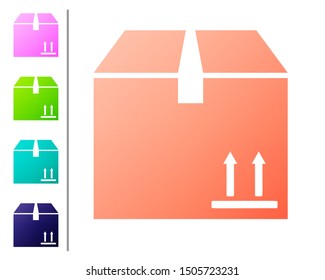 Coral Cardboard box with traffic symbol icon isolated on white background. Box, package, parcel sign. Delivery, transportation and shipping. Set color icons. Vector Illustration