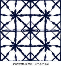 Coral Carpet Vector Seamless Pattern. Surf Fashion Tile Japan Design. Cobalt Shibori Arabic Texture. Maroon Strip Boho Uzbek Background. Traditional Drawn Print