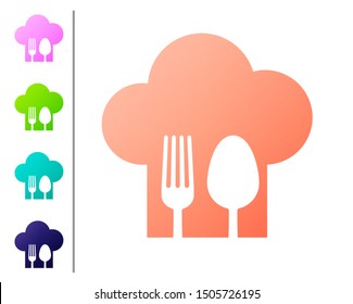Coral Chef hat with fork and spoon icon isolated on white background. Cooking symbol. Restaurant menu. Cooks hat. Set color icons. Vector Illustration