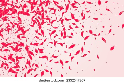 Coral Cherry Vector Pink Background. Japan Flower Texture. Red Rose Fall Template. Scarlet Beauty Lotus Pattern.