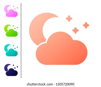 Coral Cloud with moon and stars icon isolated on white background. Cloudy night sign. Sleep dreams symbol. Night or bed time sign. Set color icons. Vector Illustration