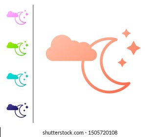 Coral Cloud with moon and stars icon isolated on white background. Cloudy night sign. Sleep dreams symbol. Night or bed time sign. Set color icons. Vector Illustration