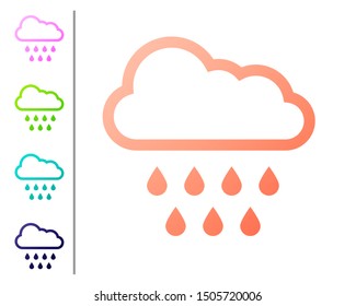 Coral Cloud with rain icon isolated on white background. Rain cloud precipitation with rain drops. Set color icons. Vector Illustration