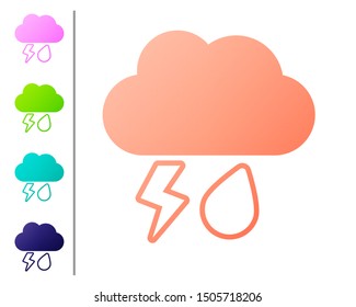 Coral Cloud with rain and lightning icon isolated on white background. Rain cloud precipitation with rain drops.Weather icon of storm. Set color icons. Vector Illustration