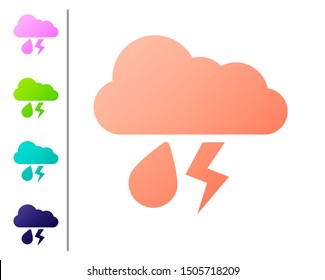 Coral Cloud with rain and lightning icon isolated on white background. Rain cloud precipitation with rain drops.Weather icon of storm. Set color icons. Vector Illustration